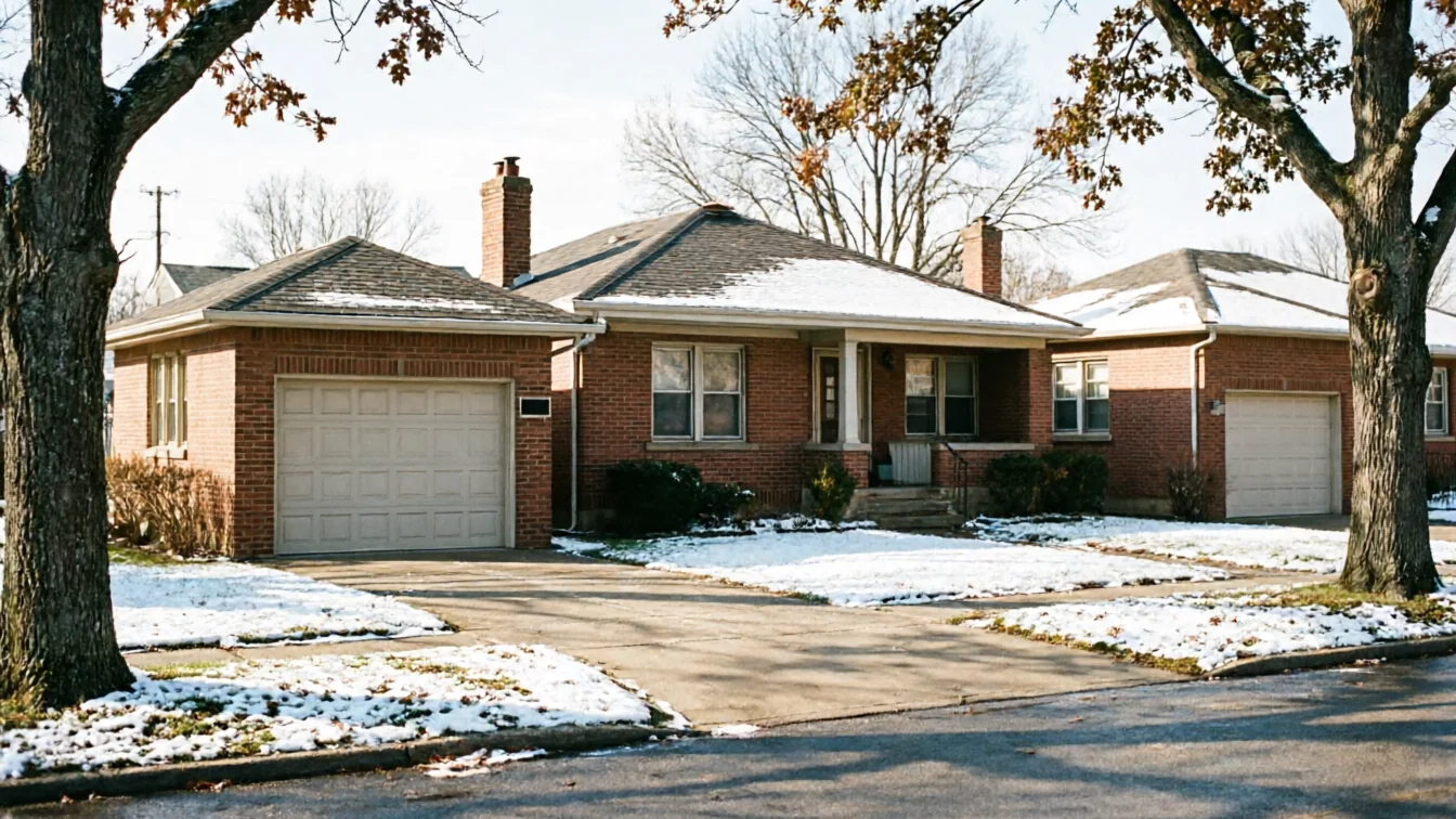 Three brick houses with white garage doors and snow on the roofs line a street.